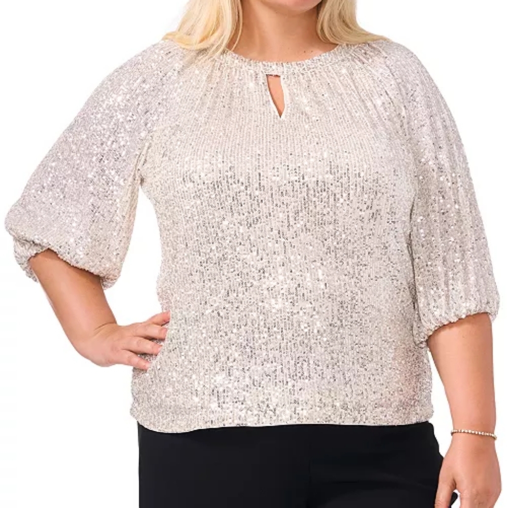 NWT STUNNING VINCE CAMUTO Women's Plus Sequined Silver Keyhole Blouse (3X)